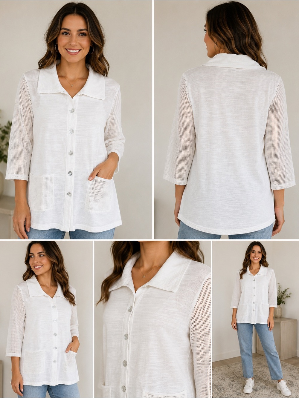 Peck & Peck White Button-Front Knit Shirt Jacket
